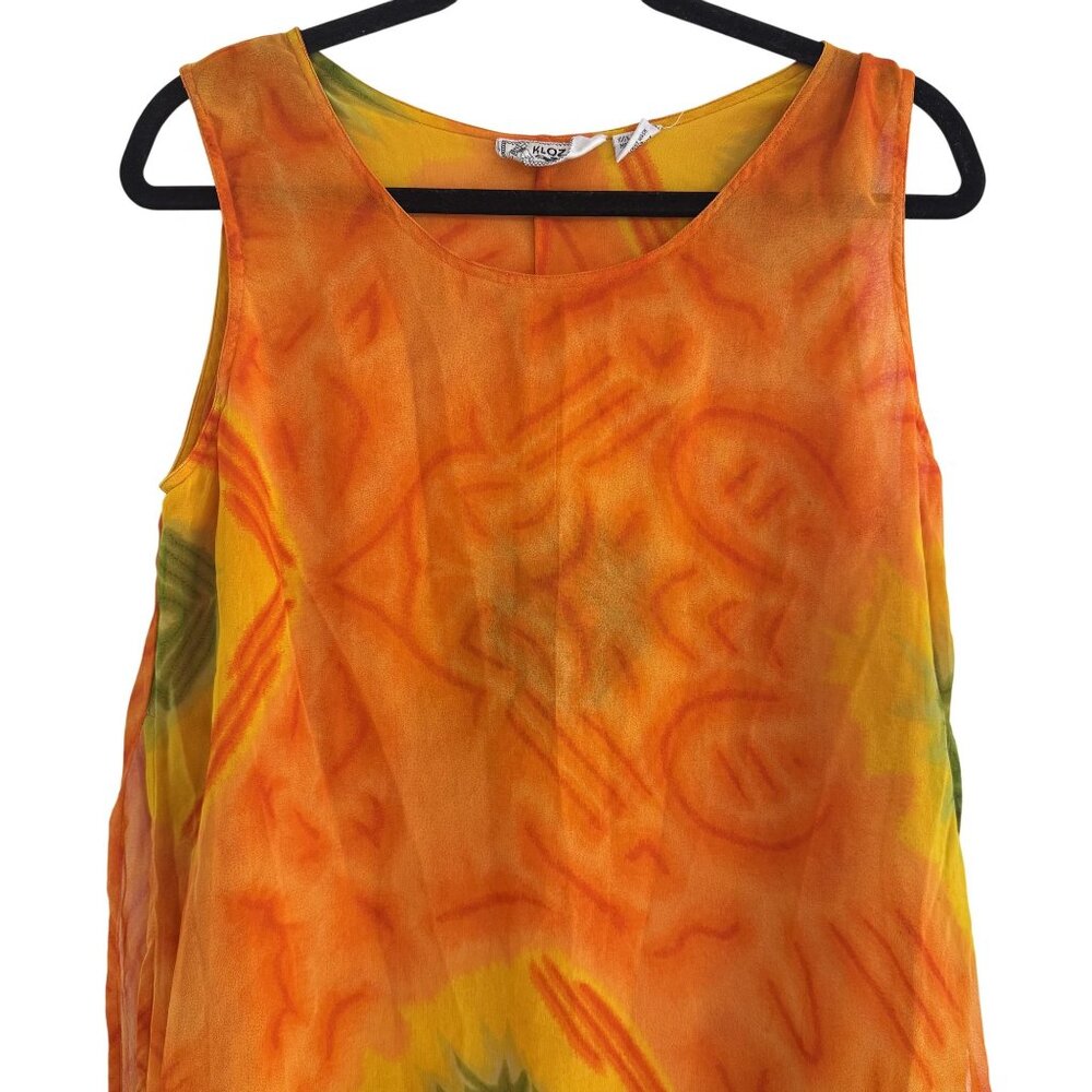 Vintage Kloz Lyne Dress Womens 90s Orange Floral Sheath Overlay Sleeveless Large - Picture 2 of 8